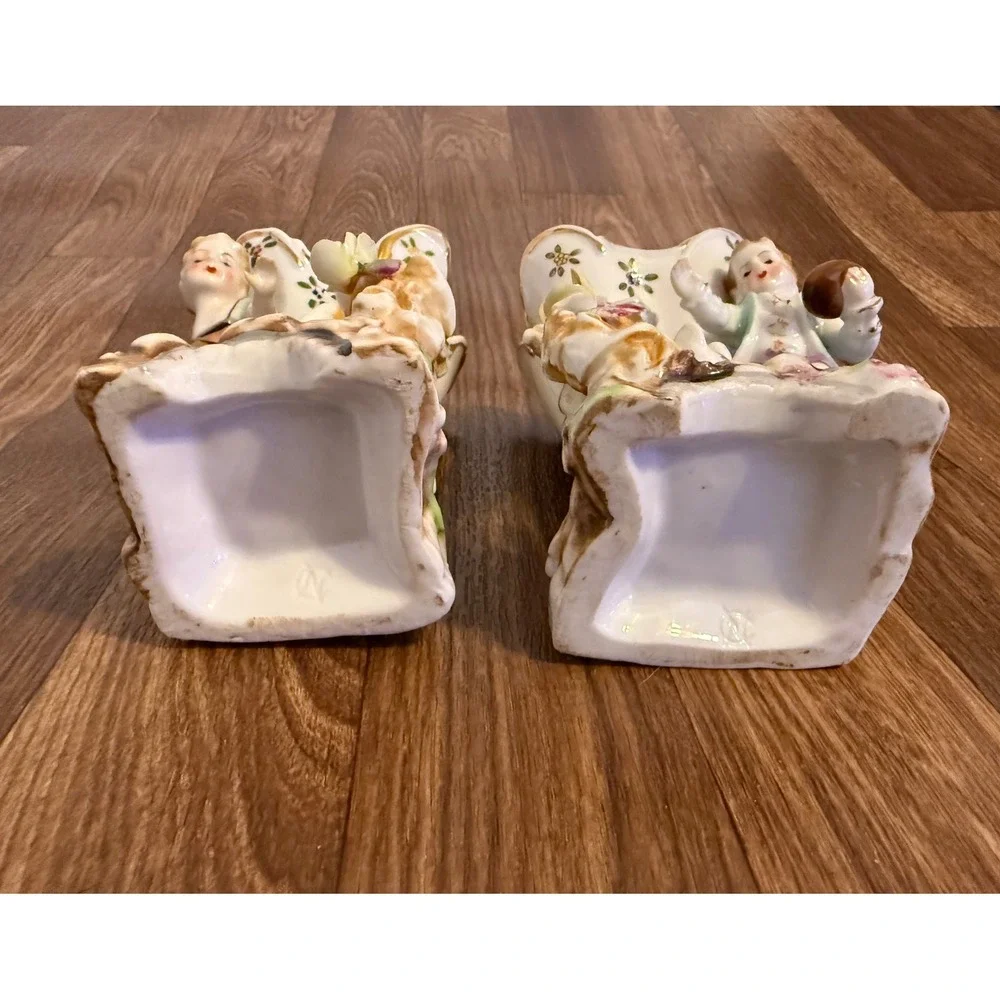 Vintage Porcelain Spill Vase Set‎ Boy Girl Figurine Hand Painted Floral Gold Rim